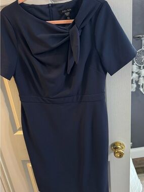 Ivy + Blu Navy Midi Sheath Dress with Front Knot